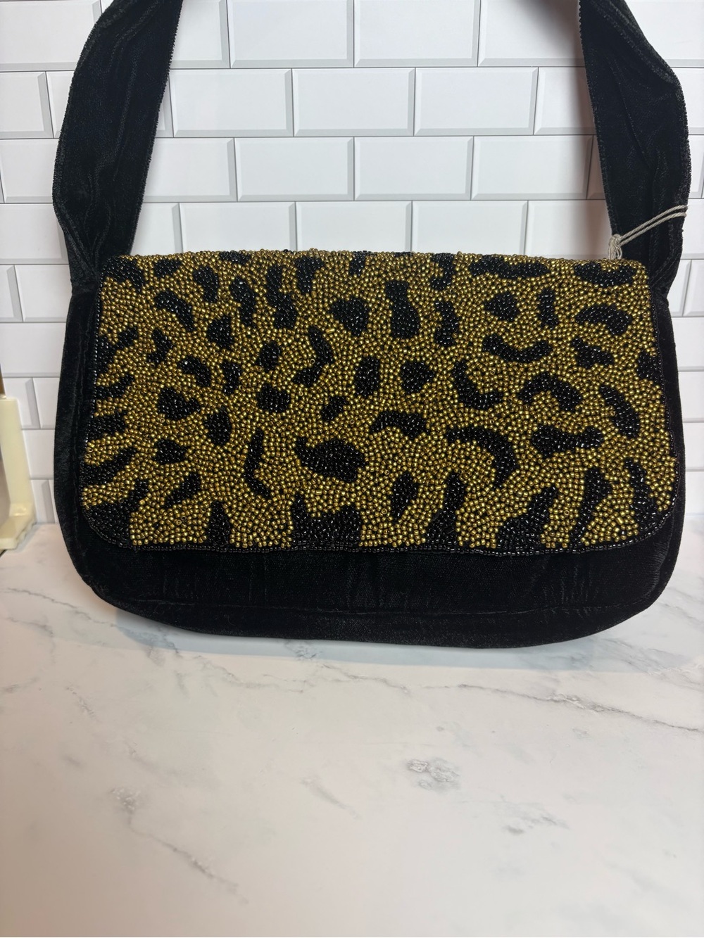 A New Day Black Velvet Leopard Beaded Shoulder Evening Handbag NWT